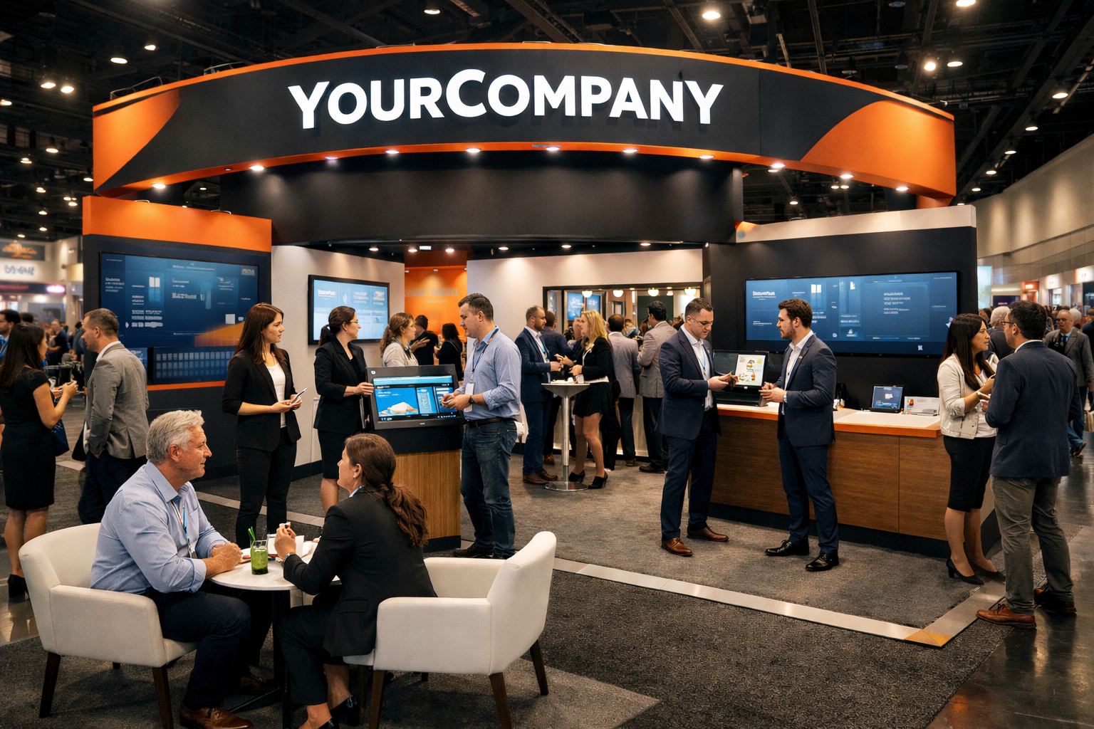 Custom exhibition booth designed to attract visitors and convert them into business leads